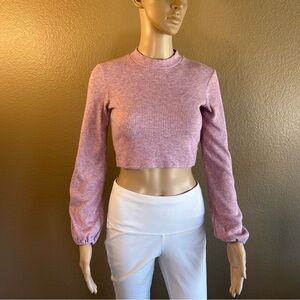 Forever 21 Women’s Ribbed Crop Top Pink Long Sleeve Mock Neck Stretch Size S